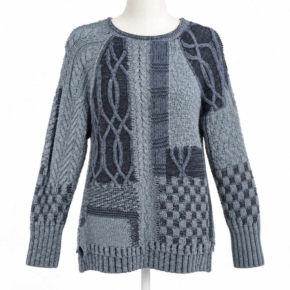 Vintage 90s Patchwork Cable Knit Sweater Size L Blue Cottagecore Chunky Granny